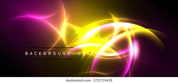 Abstract background features vibrant yellow, purple glows. Swirling shapes create dynamic energy, modern design aesthetic. Dark backdrop enhances luminosity.