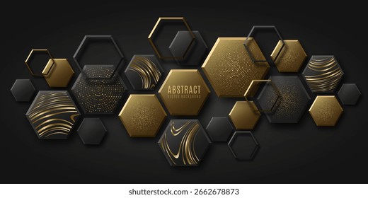 Abstract background featuring 3D golden and black hexagons with metallic striped wavy pattern and dotted texture. Elegant design for festive banners and luxury fashion presentations. Vector.