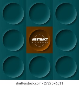 Um plano de fundo abstrato com círculos neumórficos 3D em uma grade azul-petróleo. Este fundo abstrato possui um ponto focal laranja central destacando o design geométrico moderno.