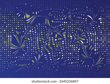 An abstract background featuring a blue gradient with a wavy dotted pattern, interspersed with stylized, elongated plant or leaf shapes in shades of green, yellow, and white