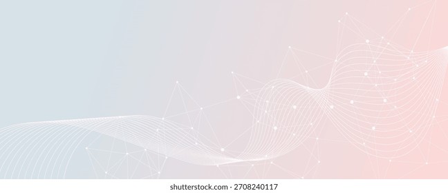 Fundo abstrato com um gradiente azul a rosa com linhas de conexão, pontos e ondas fluindo, representando redes digitais e fluxo de dados.