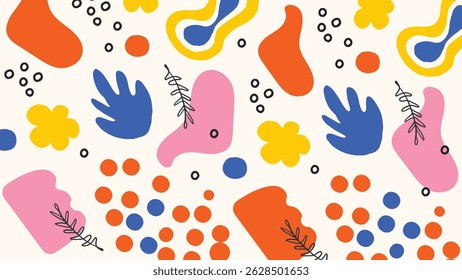 Abstract background featuring bold shapes, leaves, and dots in a vibrant color palette. Great for dynamic visuals and playful design needs.