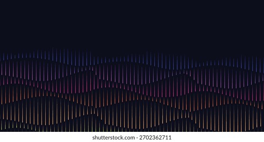 Um plano de fundo abstrato com linhas verticais coloridas e brilhantes que formam formas onduladas e sobrepostas em uma superfície escura, lembrando ondas sonoras ou colinas digitais.
