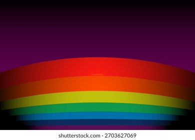 Abstract background featuring a colorful, wide rainbow arch with a soft gradient effect set against a deep purple or violet sky. LGBTIQ+ pride, kids' party, or fantasy theme.