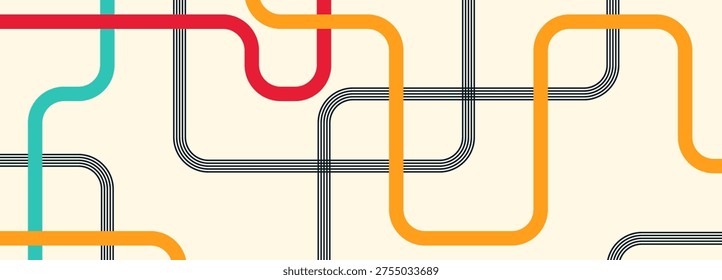 An abstract background featuring a complex network of colorful, rounded lines that intertwine and overlap, creating a dynamic and modern visual pattern.