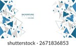 An abstract background featuring a dynamic composition of scattered triangles in different sizes and shades of blue, gray, and white, concentrated on the edges