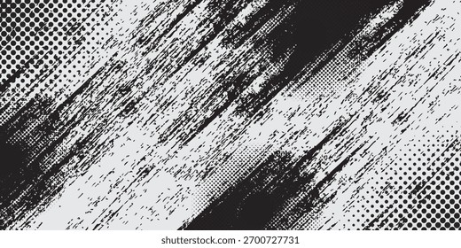Abstract background featuring a dynamic halftone pattern and bold, diagonal black brushstrokes across a light gray backdrop creating a textured, modern and grungy effect