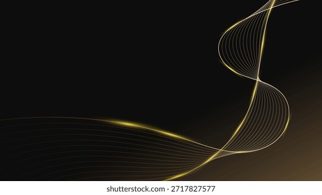 Fondo Abstractas con líneas de onda doradas elegantes y fluidas con un brillo luminoso sobre un fondo oscuro y lujoso. Ideal para el diseño digital moderno y la marca.