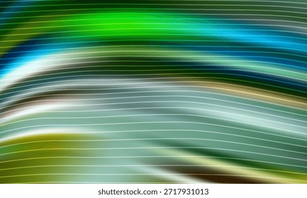 Fondo abstracto con rayas fluidas de luz de colores en verde, azul y naranja. Las curvas suaves evocan movimiento