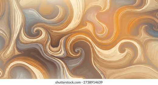 An abstract background featuring flowing, organic swirls and curves in a harmonious blend of warm earth tones, including shades of brown, beige, gold, and hints of soft blue, creating a dynamic and fluid visual texture.