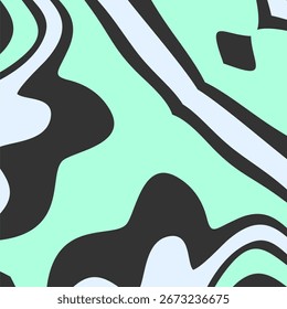 Um plano de fundo abstrato com formas fluidas, orgânicas e linhas fluidas em uma paleta de cores inspirada retro de verde menta, azul claro e cinza escuro.