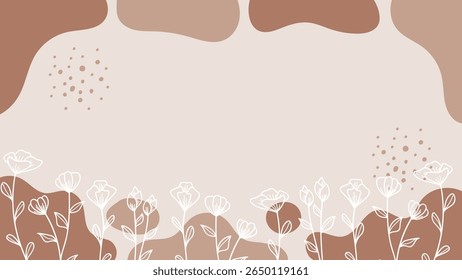 Abstract background featuring fluid shapes in shades of brown and beige, with delicate white outline floral line art along the bottom edge