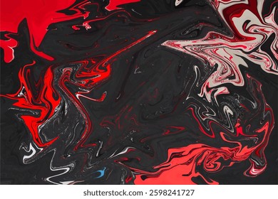 An abstract background featuring a fluid, swirling pattern with dominant black, red, and white tones.