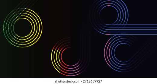 Ein abstrakter Hintergrund mit leuchtenden, bunten konzentrischen Kreisen und gekrümmten Linien auf dunklem Farbverlauf. Die lebendigen neonartigen Elemente schaffen einen dynamischen und modernen visuellen Effekt.