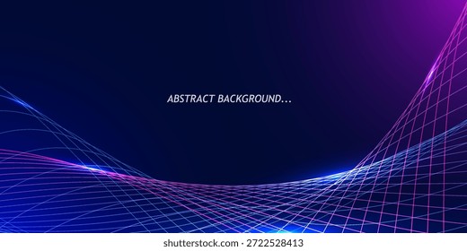 Fundo abstrato com linhas onduladas roxas brilhantes com gradiente de triângulo geométrico.