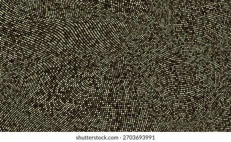 Fundo abstrato com pontos de meio-tom dourados trançados em um padrão ondulado, fluindo sobre um fundo escuro.