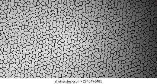 Abstract background featuring a grayscale voronoi mosaic cellular pattern with gradient shading creating a modern geometric mesh or organic texture for commercial design template.