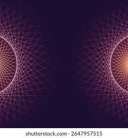 Fundo abstrato com linhas luminosas, entrelaçadas formando duas formas elípticas espelhadas em um gradiente roxo escuro