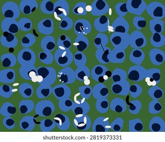 Abstract background featuring microscopic cell structures in shades of blue with white and dark cell nuclei components.