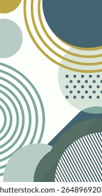 Fundo abstrato com uma composição moderna de sobreposição de formas geométricas e linhas em tons suaves de azul-petróleo, azul-marinho, ouro e verde-sábio.