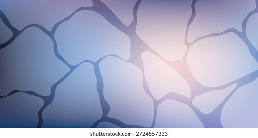 Ein abstrakter Hintergrund mit einem Mosaik aus unregelmäßig geformten Kacheln oder Fragmenten, die mit dunkleren Linien umrissen und von einem weichen, ätherischen Farbverlauf in blauen, violetten und subtilen Gelbtönen beleuchtet werden, c.