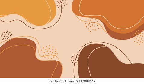 Fundo abstrato com bolhas orgânicas em tons quentes de laranja e marrom com delicada arte de linha e padrões de pontos para a arte moderna.