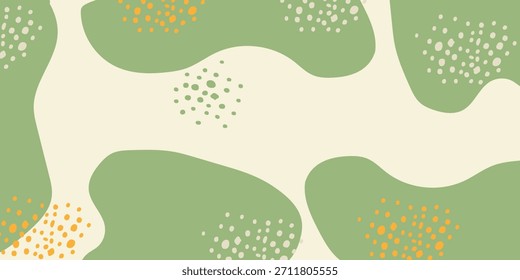 Un fondo abstracto con Formas orgánicas y fluidas en verde apagado sobre un fondo crema claro, adornado con manchas blancas y naranjas dispersas, creando un patrón suave, moderno y natural.