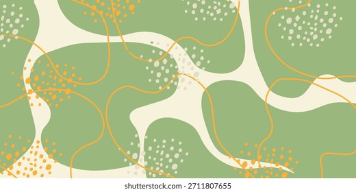 Un fondo abstracto con Formas orgánicas y fluidas en tonos verdes y crema suaves, acentuadas con líneas finas y onduladas de color naranja y motas dispersas de color blanco y naranja. Este patrón moderno evoca una estética natural, artística y calmante.