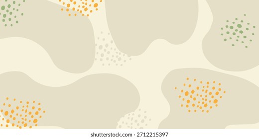 Un fondo abstracto con Formas orgánicas y fluidas en beige claro con grupos dispersos de Pequeños puntos en amarillo-naranja, verde y gris claro, creando un patrón suave, moderno y minimalista.