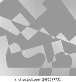 An abstract background featuring overlapping geometric shapes in shades of gray. The shapes include squares, triangles, and organic forms, creating a sense of depth and movement.