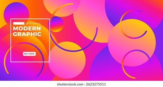 Abstract background featuring overlapping gradient circles in pink, orange, and purple hues. Curved lines add dynamism
