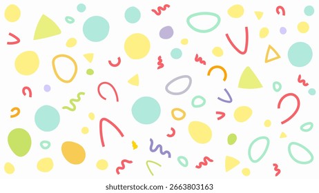 Abstract background featuring a pattern of colorful, hand drawn geometric shapes like circles and triangles. Minimalist and playful design in pastel colors for modern celebration concepts