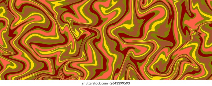 An abstract background featuring a psychedelic, liquid marble pattern. It consists of fluid, swirling shapes and curves in a vibrant color palette of orange, yellow, red, and olive green.