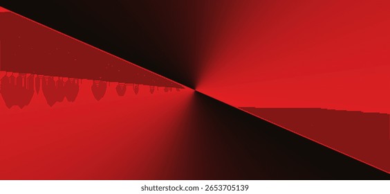 Um fundo abstrato com uma divisão diagonal nítida entre vermelho e preto, realçado por um gradiente cônico central que cria uma sensação de profundidade e um brilho metálico.