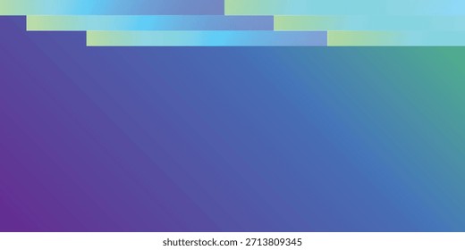 An abstract background featuring a smooth color gradient transitioning from deep purple to vibrant blue and soft green, accented by horizontal light blue and pale green geometric stripes at the top.