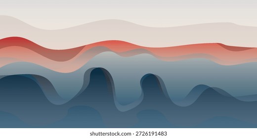 An abstract background featuring smooth, flowing wavy layers in a gradient of blue, grey, and warm reddish-orange tones, creating a serene and modern visual effect.