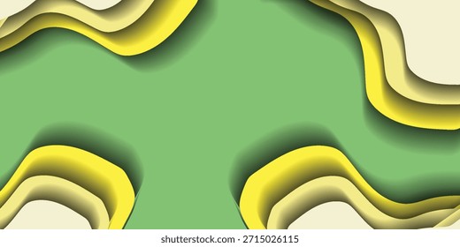 Um plano de fundo abstrato com camadas onduladas suaves e orgânicas em tons de verde, amarelo e creme, criando um efeito moderno de corte de papel com sombras sutis e profundidade.
