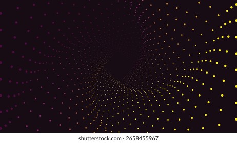 Fundo abstrato com padrão de onda espiral feito de gradiente amarelo e pontos roxos no fundo escuro, ideal para cartazes, arte digital e projetos gráficos modernos