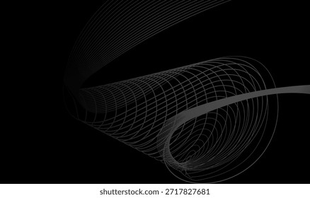 Fundo abstrato com uma grade de arames cinzenta em espiral formando um vórtice em forma de túnel. Design moderno e elegante para temas de tecnologia, negócios ou ciência.