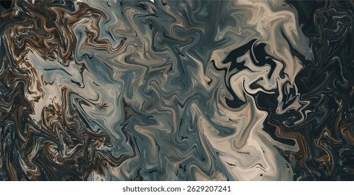 An abstract background featuring a swirling, liquid marble pattern in shades of black, grey, brown, and beige.