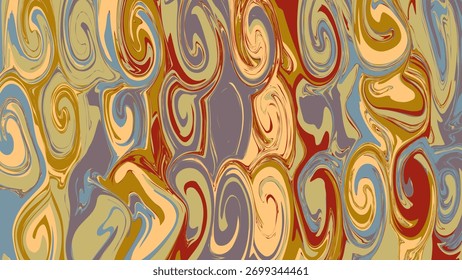Ein abstrakter Hintergrund mit wirbelnden Marmormustern in gedeckten Juwelentönen in Rot, Blau, Gold, Lila und Grau.