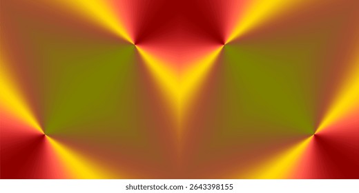 An abstract background featuring a symmetrical design with radiant, conical bursts of light. The color palette is a warm blend of deep red and vibrant gold, with a central area of muted olive green.