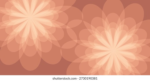 Um fundo abstrato com duas formas florais proeminentes com luz radiante, definido contra um padrão bokeh suave, fora de foco em tons quentes, terrosos.