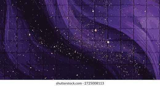 Um fundo abstrato com vários tons de roxo, adornado com numerosas partículas pequenas e cintilantes que se assemelham a brilho ou estrelas. Um padrão de grade sutil sobrepõe a imagem inteira, adicionando uma qualidade estruturada, mas etérea, à composição.