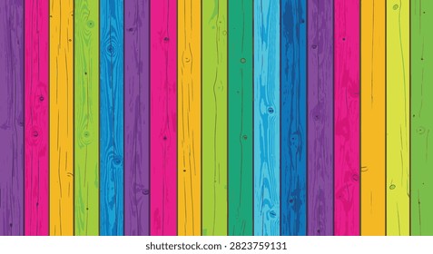Abstract background featuring vertical wooden slats painted in vibrant neon rainbow colors including pink, yellow, blue, green, and purple with visible natural wood grain and knots.