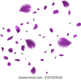 Abstract background featuring vibrant deep purple flower petals floating and scattering minimalist composition with extensive central copy space