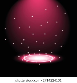 Fundo abstrato com um holofote rosa vibrante iluminando um estágio de brilho circular, complementado por sutis partículas de luz caindo. Conceito do evento.