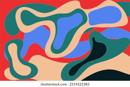 Abstract background featuring vibrant red, blue, green, peach, and black colors. Ideal for creative projects, backgrounds, designs, and marketing materials.