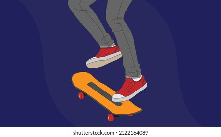 Abstract background of feet and skateboard. Cartoon minimal style. Flat vector illustration