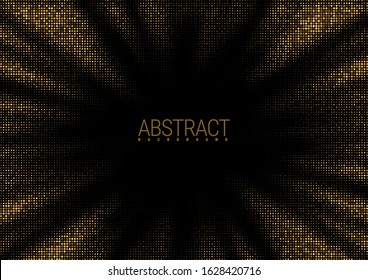 Abstract background for a festive event. A flash of gold sparkles scattering from the center on a black background. Golden radial halftone texture pattern. Vector illustration.